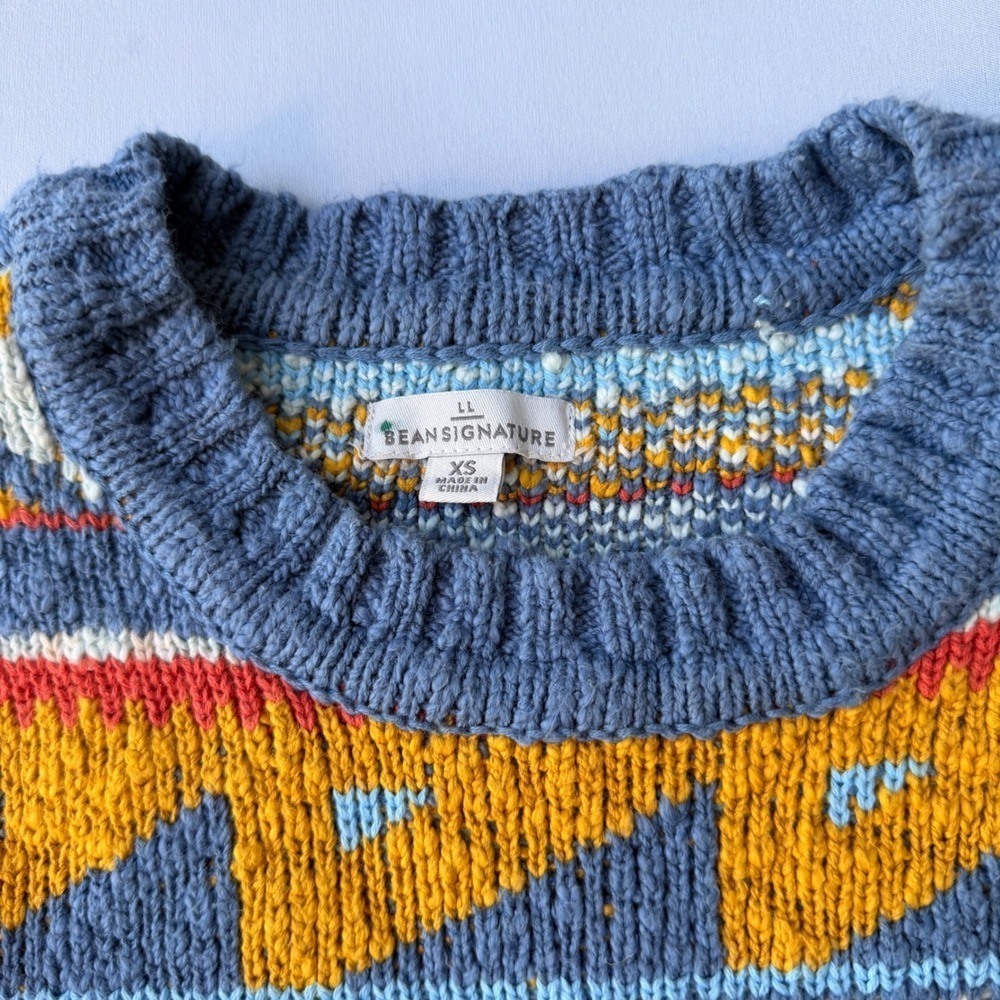LL Bean Sweater Womens‎ XS Blue Yellow Cotton Fair Isle Southwestern Boho - Picture 5 of 11